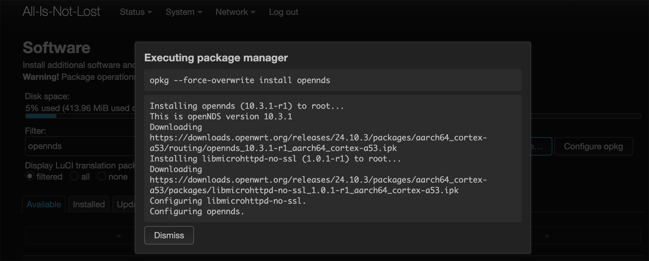 Screenshot of openNDS installation from Openwrt package installer.