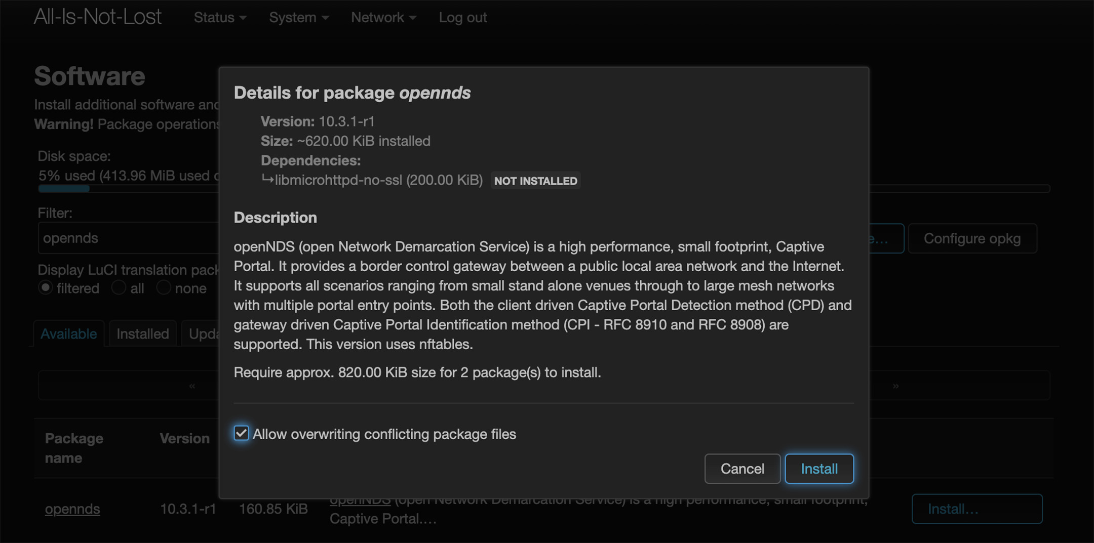 Screenshot of Openwrt package installer.