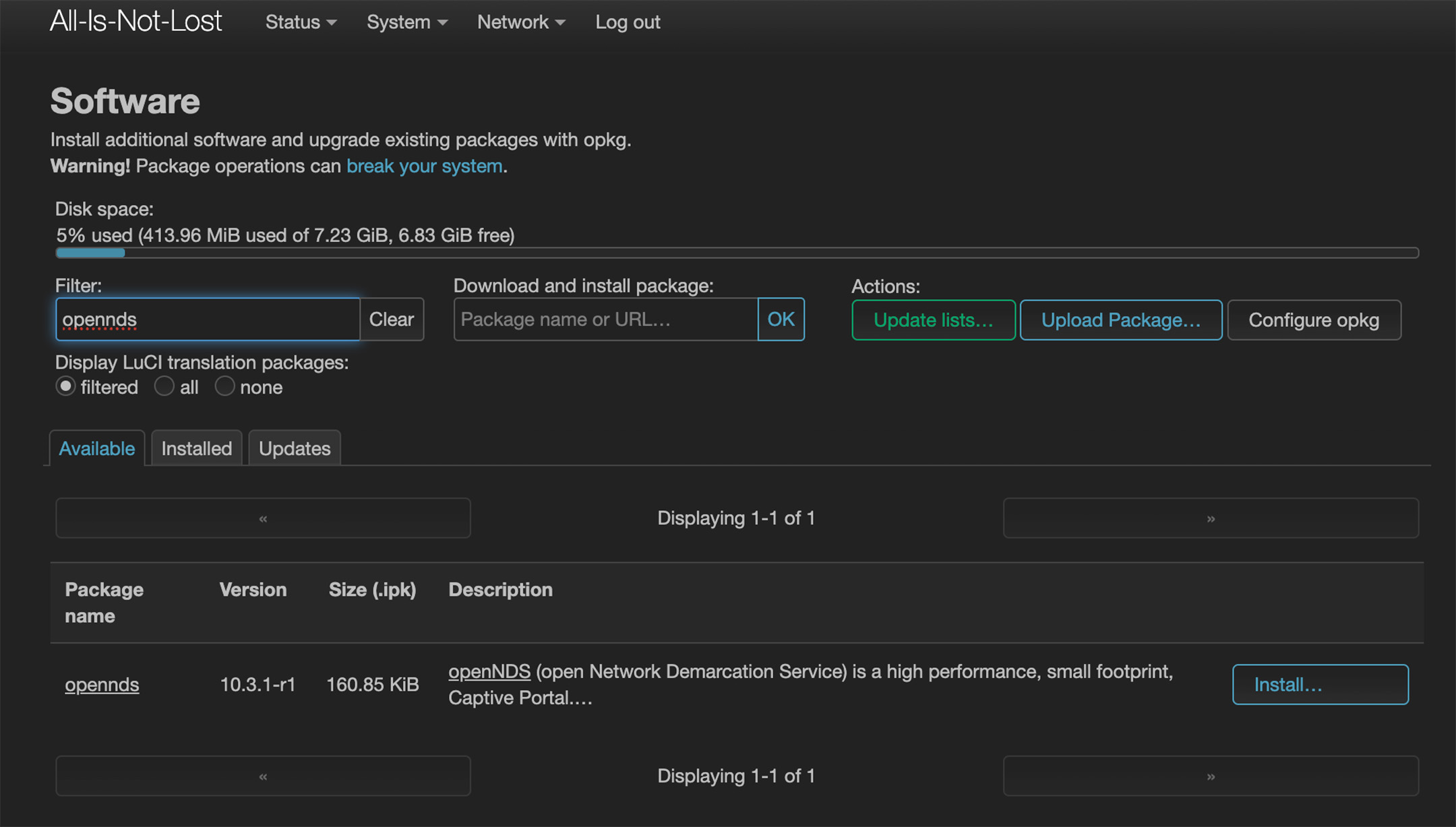 Screenshot of openNDS installation installation from Openwrt package installer.