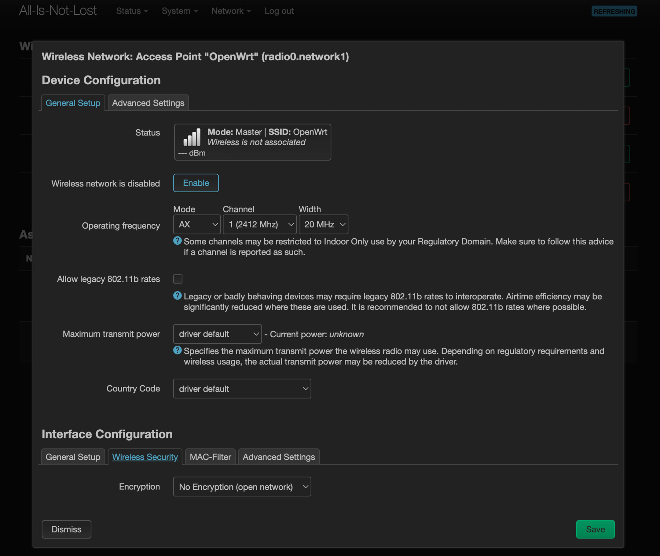 Screenshot of General Settings tab from Openwrt.