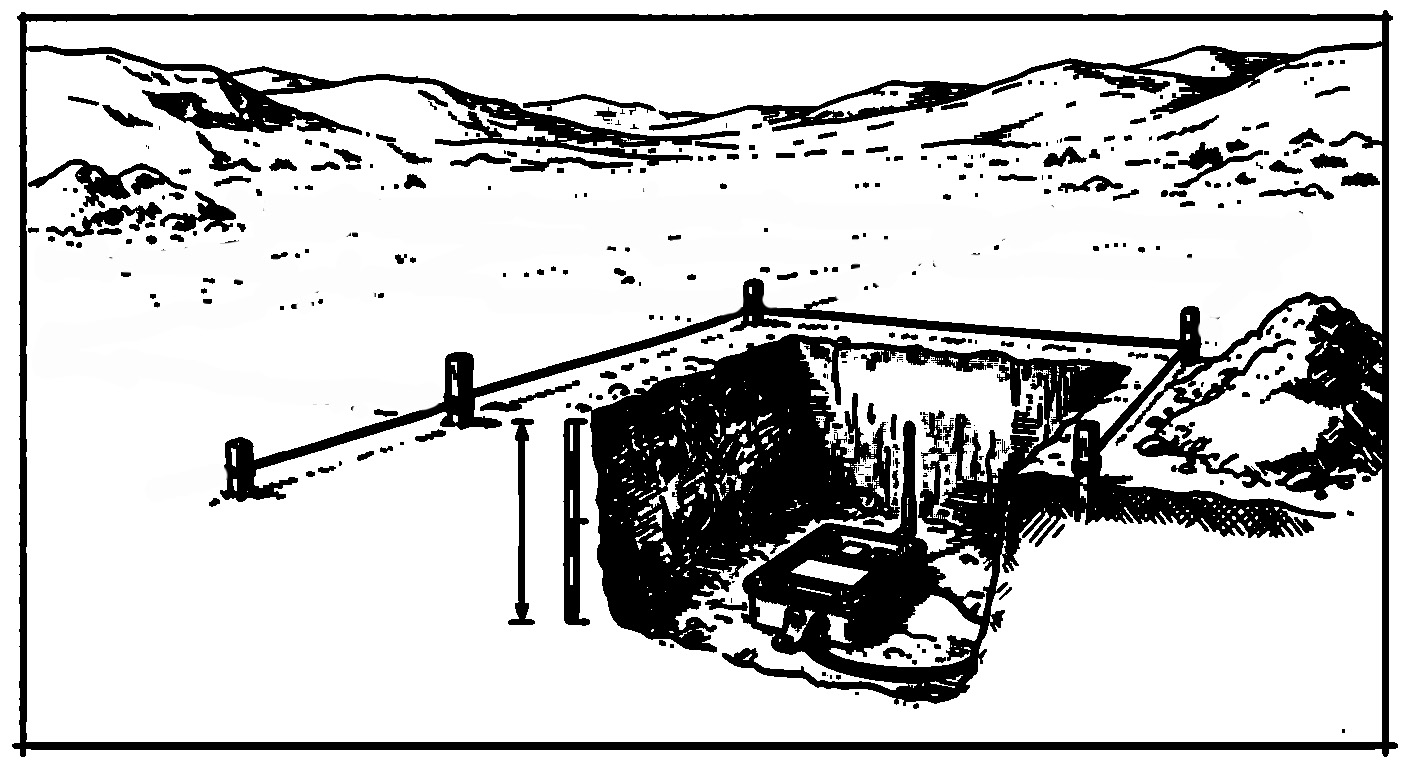 Black-and-white technical sketch of a rectangular excavation pit in open terrain, with a small box-like node and antenna at the bottom, a survey rod along the wall, and a mound of excavated soil nearby.